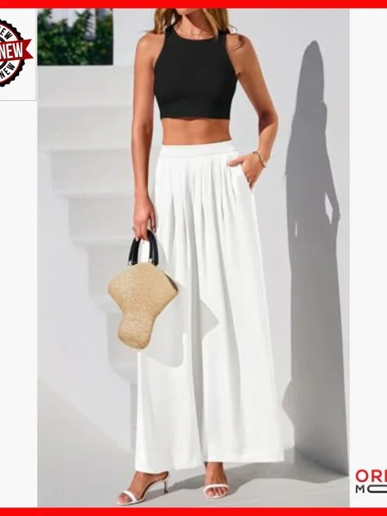 High Waisted Wide Leg Palazzo Pants Loose Fit Flowy Work Lounge - Picture 6 of 7